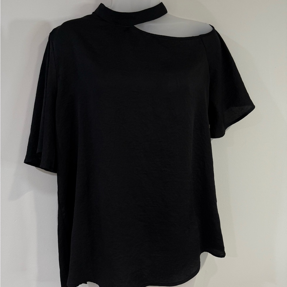 Black Asymmetrical Short Sleeve Blouse